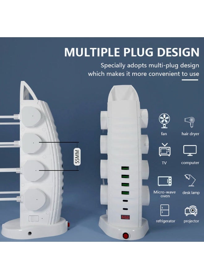 لوحة تمديد طاقة على شكل برج من Sailboat، مزودة بـ 8 مقابس تيار متردد عالمية، و6 منافذ USB (من النوع C وA)، وحماية من زيادة التيار بقدرة 3000 واط، لون أبيض. - Image 4